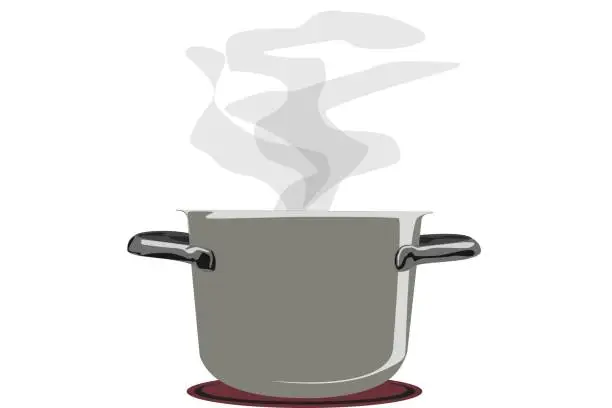 Vector illustration of Open aluminum pot without lid on hot stove and steam coming out of the pot isolated on white empty background