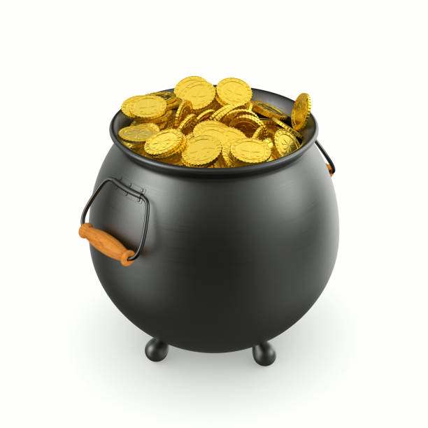 istock iron cauldron full shiny gold coin on white background. Isolated 3D illustration. St Patrick`s day 1454951764