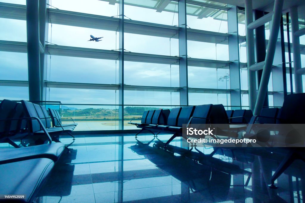 Airport waiting area with empty seats Close up airport departure area Airport Stock Photo