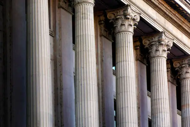 Architectural column detail from old government building in downtown Bucharest, Romania