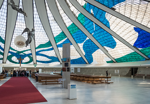 Brasilia, Brazil – May 2019 – Architectural detail of the Metropolitan Cathedral of Brasília the Roman Catholic cathedral designed by Brazilian architect Oscar Niemeyer