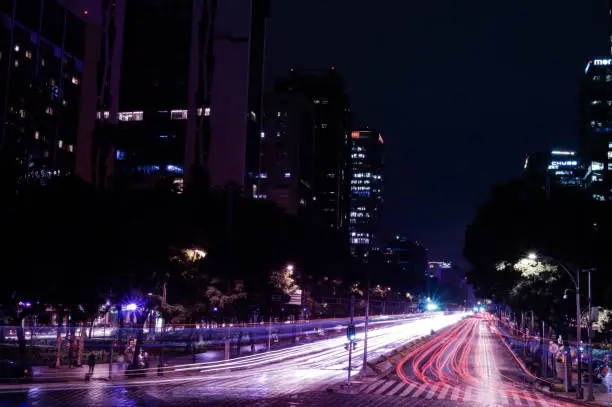 A light trail in a modern city at night