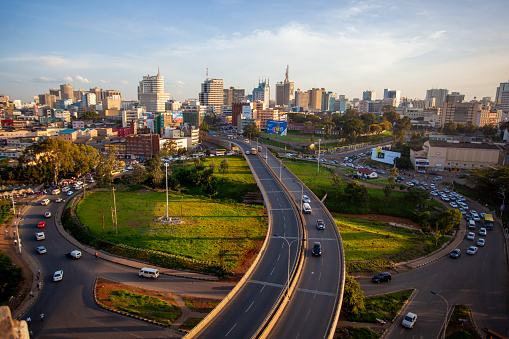 nairobi, Kenya – April 12, 2022: With the increase in road traffic, Kenya is building road networks to handle traffic this one is Globe Roundabout