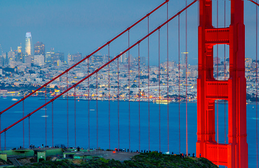 A famous Golden Gate Bridge with buildings in the background in San Francisco, California, USA