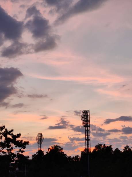 istock Gorgeous pink and orange sunset behind the Plovdiv stadium 1454961231