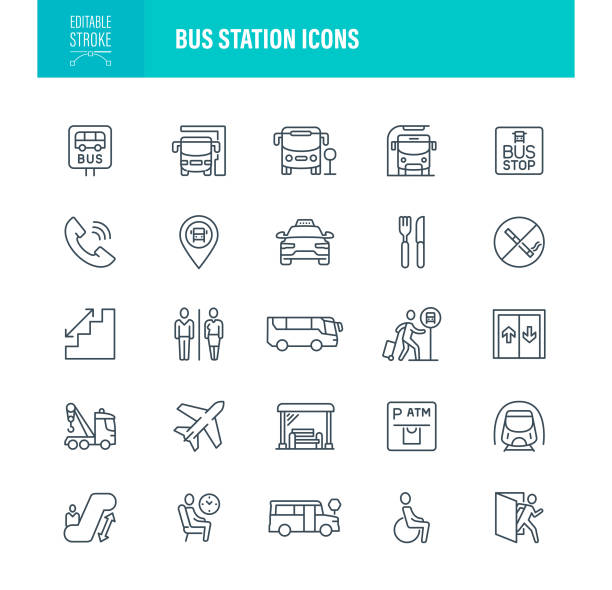 ilustraciones, imágenes clip art, dibujos animados e iconos de stock de iconos de la estación de autobuses trazo editable - estación de autobús