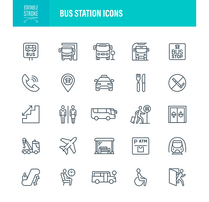 Bus Station Icon Set. Editable Stroke. Contains such icons Public Icon, Airplane, Transportation, Bus Stop, Shopping Mall