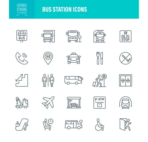 Vector illustration of Bus Station Icons Editable Stroke
