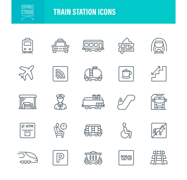 ilustraciones, imágenes clip art, dibujos animados e iconos de stock de trazo editable de iconos de estación de tren - stair rail