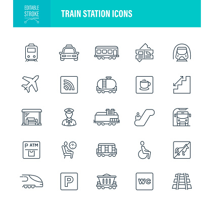 Train Station Icon Set. Editable Stroke. Contains such icons as Rail Transportation, Railroad Track, Railroad Station, Train - Vehicle