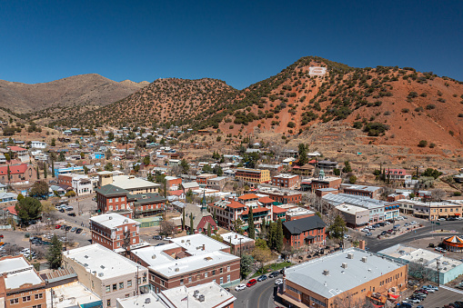 Bisbee, United States – March 19, 2022: An aerial perspective of the historic mining town of Bisbee, Arizona, which is a hub for tourism today.