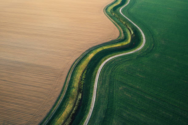 aerial view on spring fields - country road fotos imagens e fotografias de stock