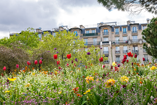 Paris, beautiful buildings, view from the coulee verte Rene-dumont in the 12th district, with colorful flowers