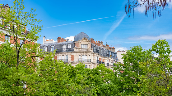 Paris, beautiful buildings, view from the coulee verte Rene-dumont in the 12th district, footpath