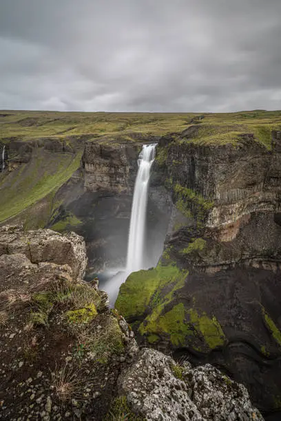 The Haifoss waterfall on the Iceland in the summer