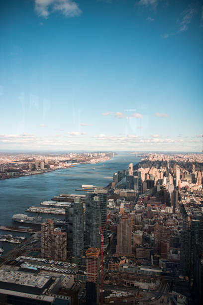 istock Beautiful high angle view of the Manhattan skyline under a blue sky 1454963960