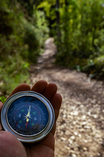 man's hand holding a compass in the forest with a leafy trail in the background