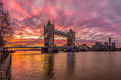 London Tower Bridge River and Thames City skyscrapers,  illuminated sunrise panorama