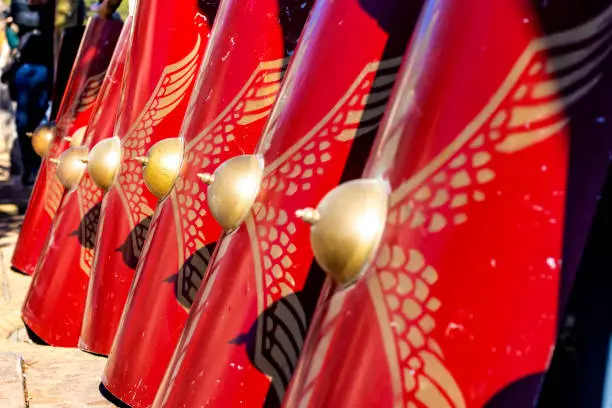 Photo of Roman shields. Vertical view of Shields of the Roman legionaries ready for combat.