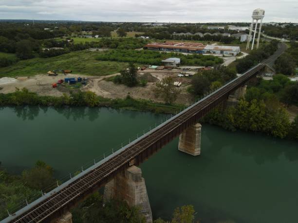 aerial view of new braunfels, tx. faust st. bridge, and guadalupe river - faust imagens e fotografias de stock