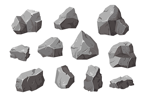 Set Stones solid natural building material . Landscape element. Coal black mineral rock. Gravel pebbles, gray heap isolated vector illustration.