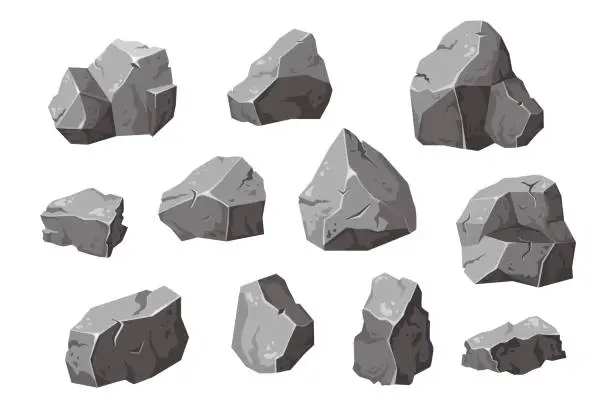 Vector illustration of Set Stones solid natural building material . Landscape element. Coal black mineral rock. Gravel pebbles, gray heap isolated vector illustration