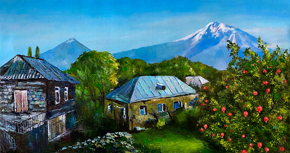 A painting of rural houses in the background of snowcap mountains