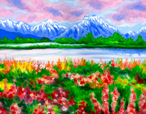An oil painting depicting the riverside flowers and snowcap mountains in the background