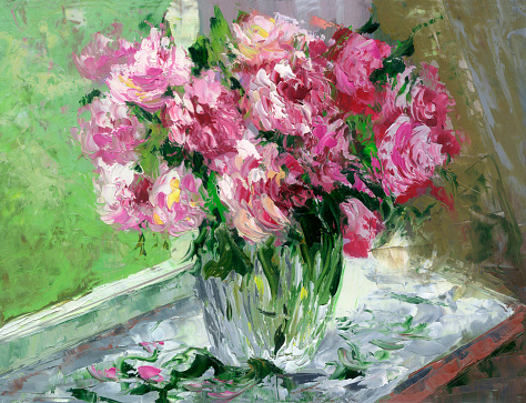 An oil painting depicting still life of pink roses in a vase on the windowsill