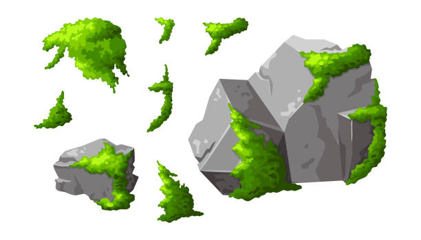 istock Set forest rock with moss. Gray stone brocken in cartoon. Isolated game elements . Mountain part of natural design shape. Vector illustration on white background 1454972450
