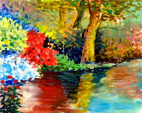 A palette knife painting depicting the lakeside colorful plants in autumn