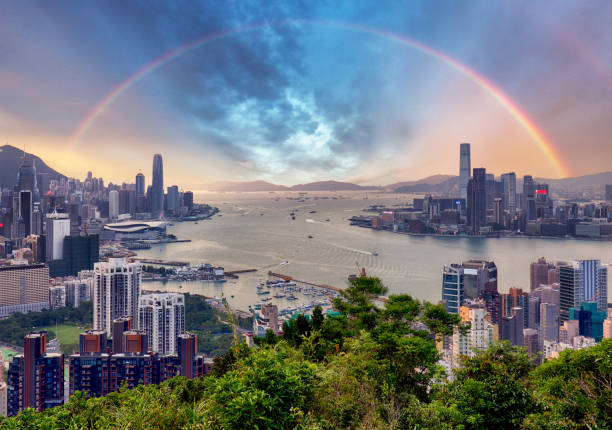 istock China - Hong Kong panorama at sunset with rainbow 1454974041