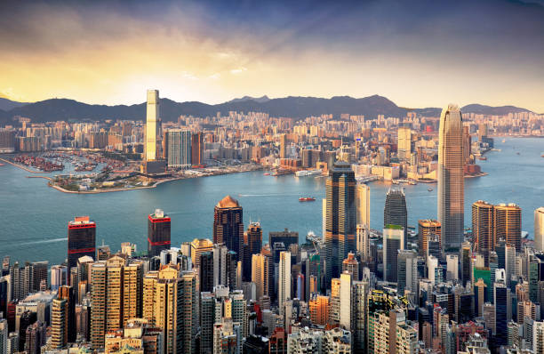 istock Hong Kong skyline panorama at dramatic sunset, China - Asia 1454974045