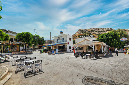 Crete island, Greece – August 18, 2010: Various touristic shops in the street of Matala, Crete island, Greece