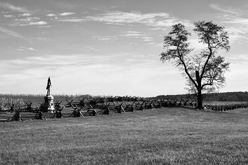 A grayscale shot of the Antietam National Battlefield