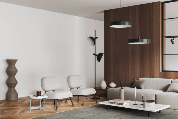 istock Corner view on bright living room interior with white wall 1454974573