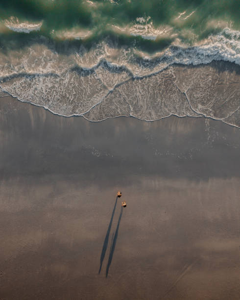 istock Top view of beautiful two people walking on the beach 1454974667