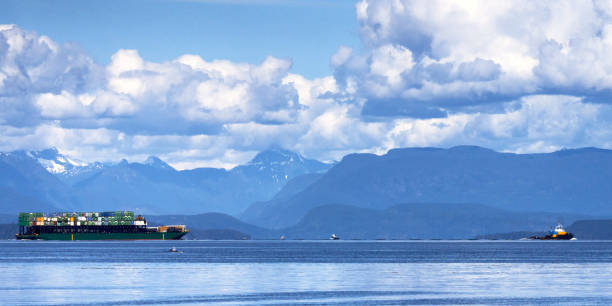 una grande chiatta portacontainer trainata da un grande rimorchiatore su uno sfondo di bellissime montagne. - barge beach large blue foto e immagini stock
