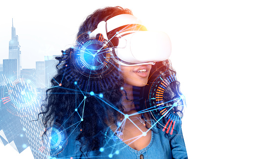 Black woman in vr glasses, skyscrapers silhouette and digital neural network lines, connection in metaverse. Concept of futuristic technology and blockchain
