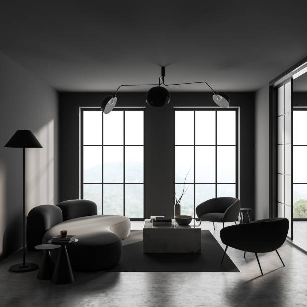 istock Side view on dark living room interior with grey wall, armchair 1454976372