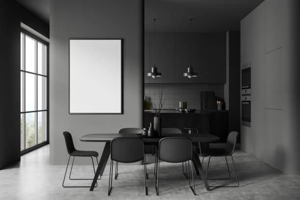 istock Grey kitchen interior with dining table and countertop near window. Mockup frame 1454976406