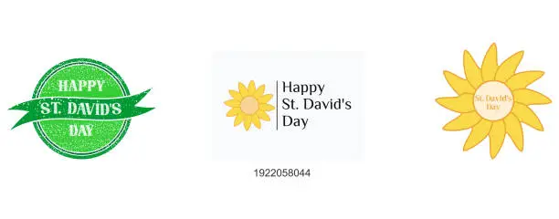 Vector illustration of Happy St. David's day grunge rubber stamp on white background, One continuous line drawing of narcissus with lettering Davids day, Wales national holiday, set flat vector modern illustration