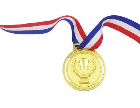 A blank gold medal attached to a red white and blue ribbon on a blue background.