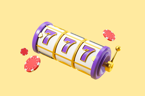 Casino jackpot 777 on yellow background. Purple and golden slot machine with flying chips. Concept of win. 3D rendering