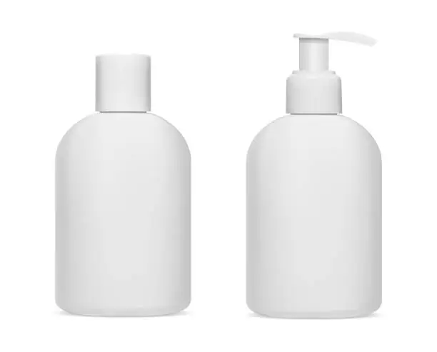 Vector illustration of White shampoo bottle. Cosmetic product dispenser bottle