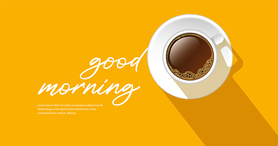 Good morning message on a yellow background with cup of coffee. Top view, long shadow