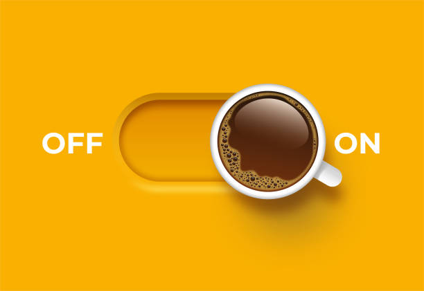 off, on switch with foam coffee in white coffee cup - mola vermek stock illustrations