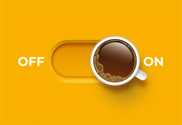 Vector illustration of Off, On Switch with foam coffee in white coffee cup