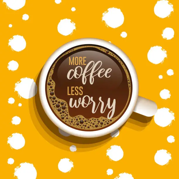 Vector illustration of The phrase more coffee less worry written on the coffee cup top view