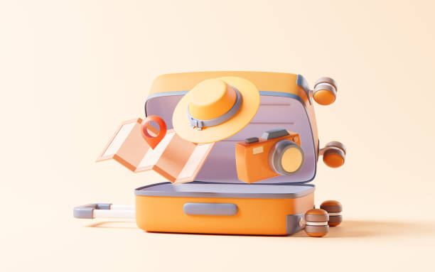 istock Cartoon style luggage with travel theme, 3d rendering. 1454980000